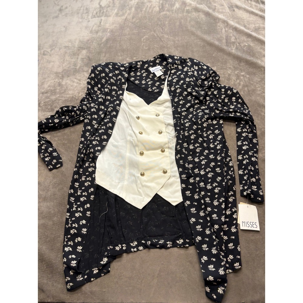 Good Times Black Floral Print Vest Suit Set Women Size 16